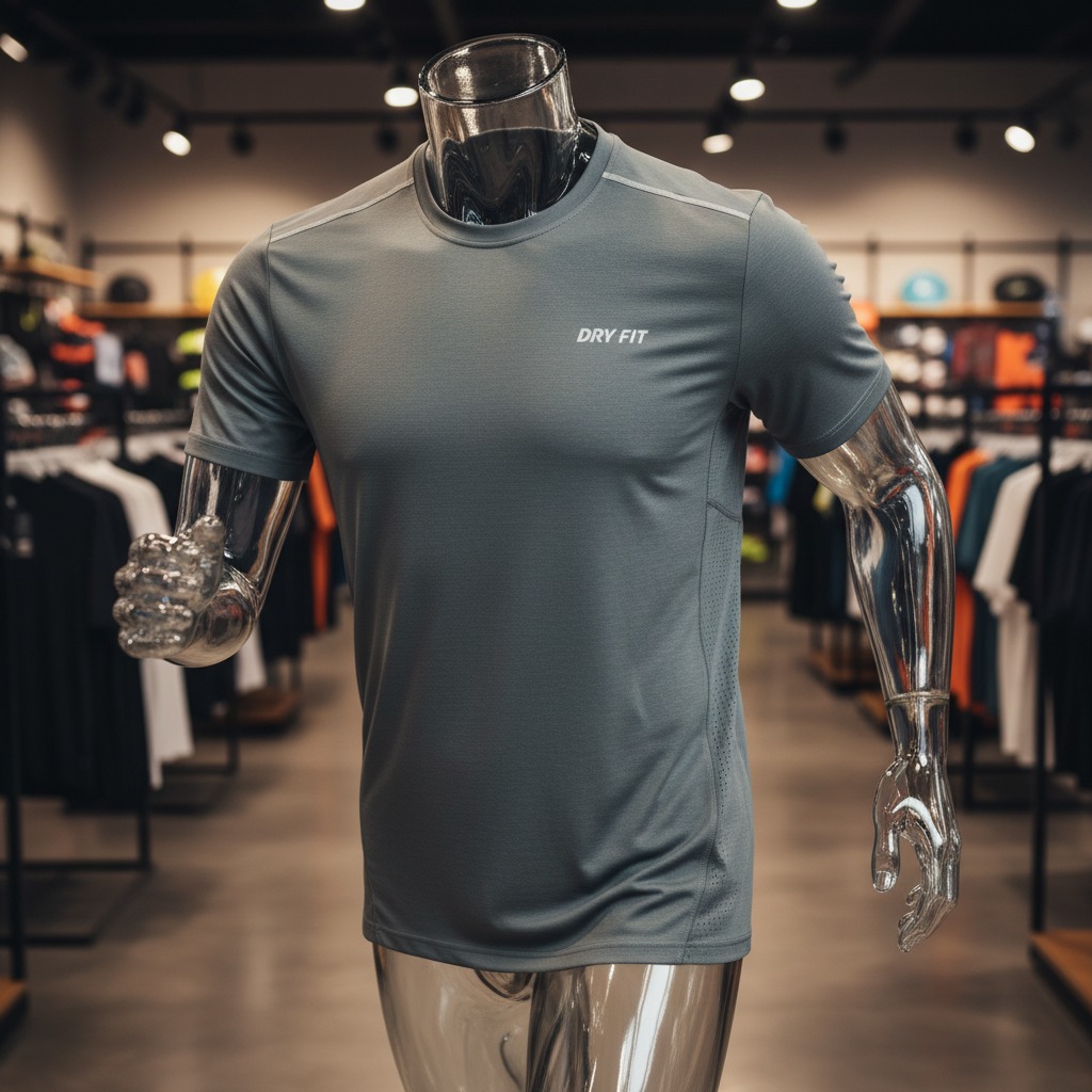 Manequim transparente vestindo uma camiseta esportiva cinza com a inscrição "DRY FIT" em uma loja de roupas.